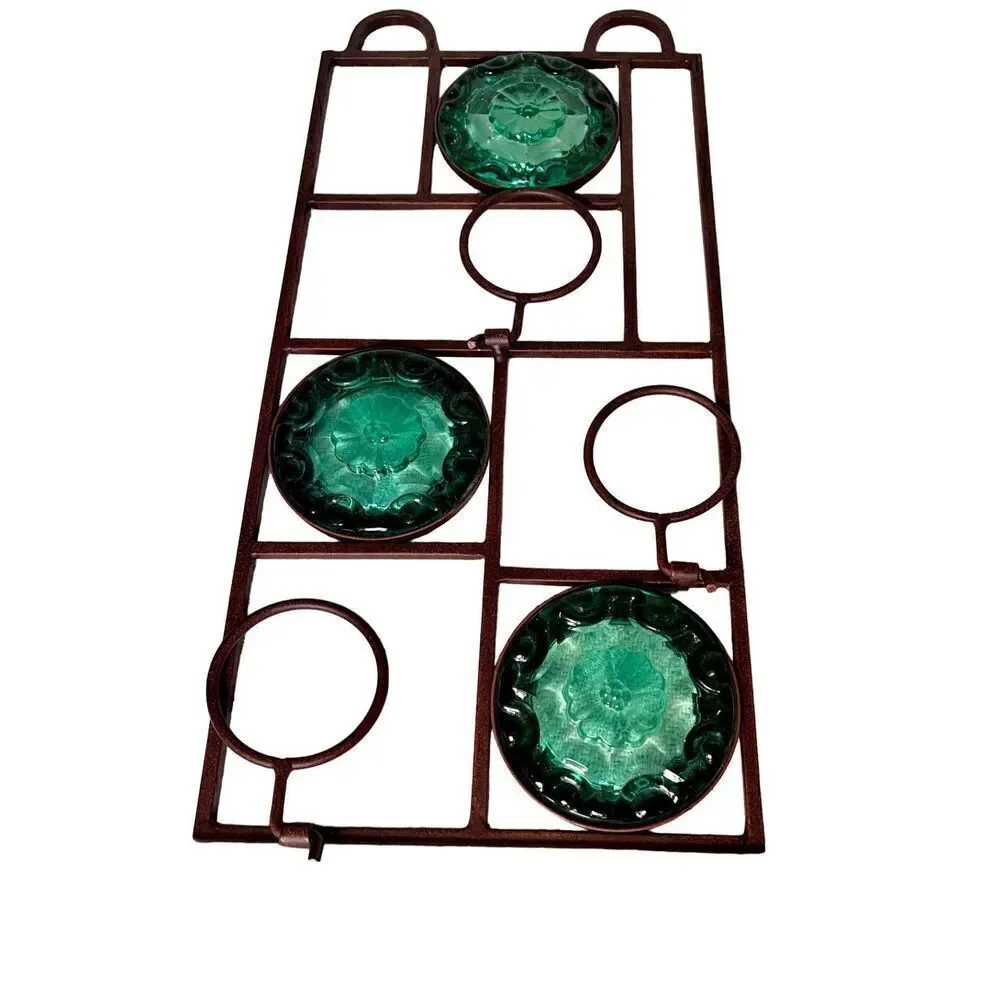 Vintage Wall Hanging Metal 3 Light Votive Candle Holder Green Glass 16” - Picture 5 of 8
